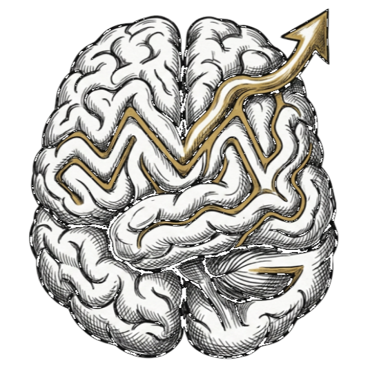 8MG logo, a hand inked brain with a gold growth arrow