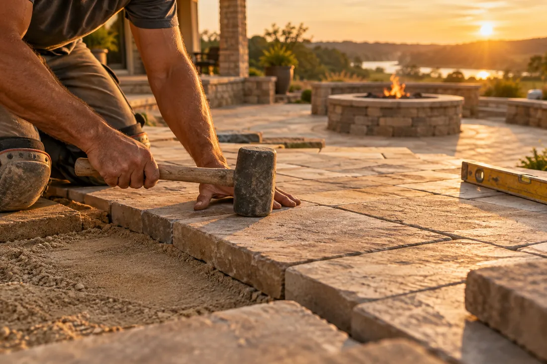 A crew setting pavers on a backyard patio