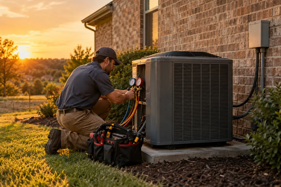 A technician servicing an outdoor AC unit
