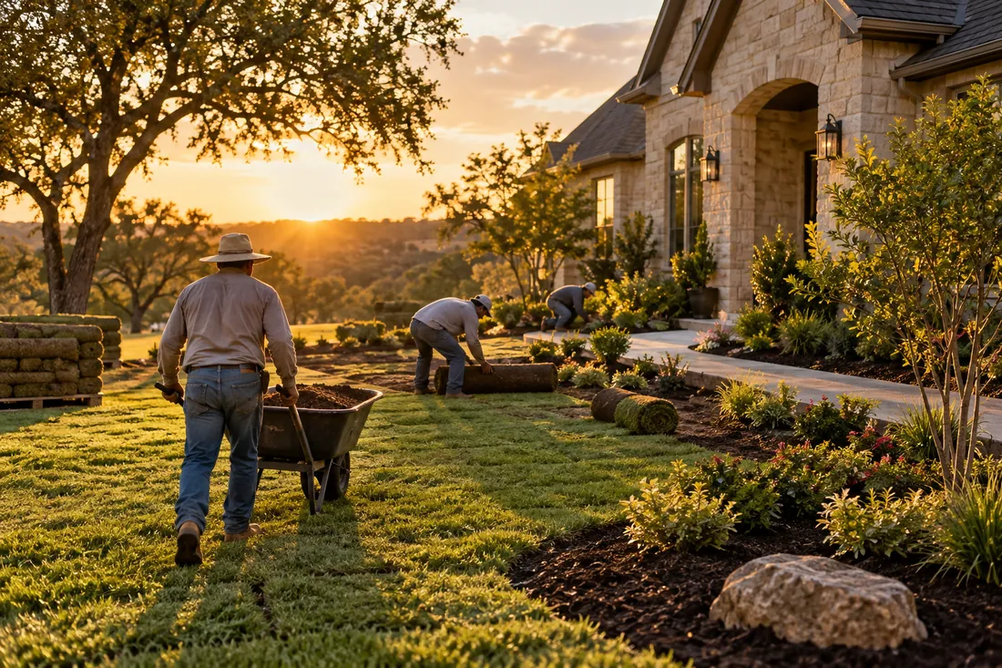 A landscaping crew planting a front yard