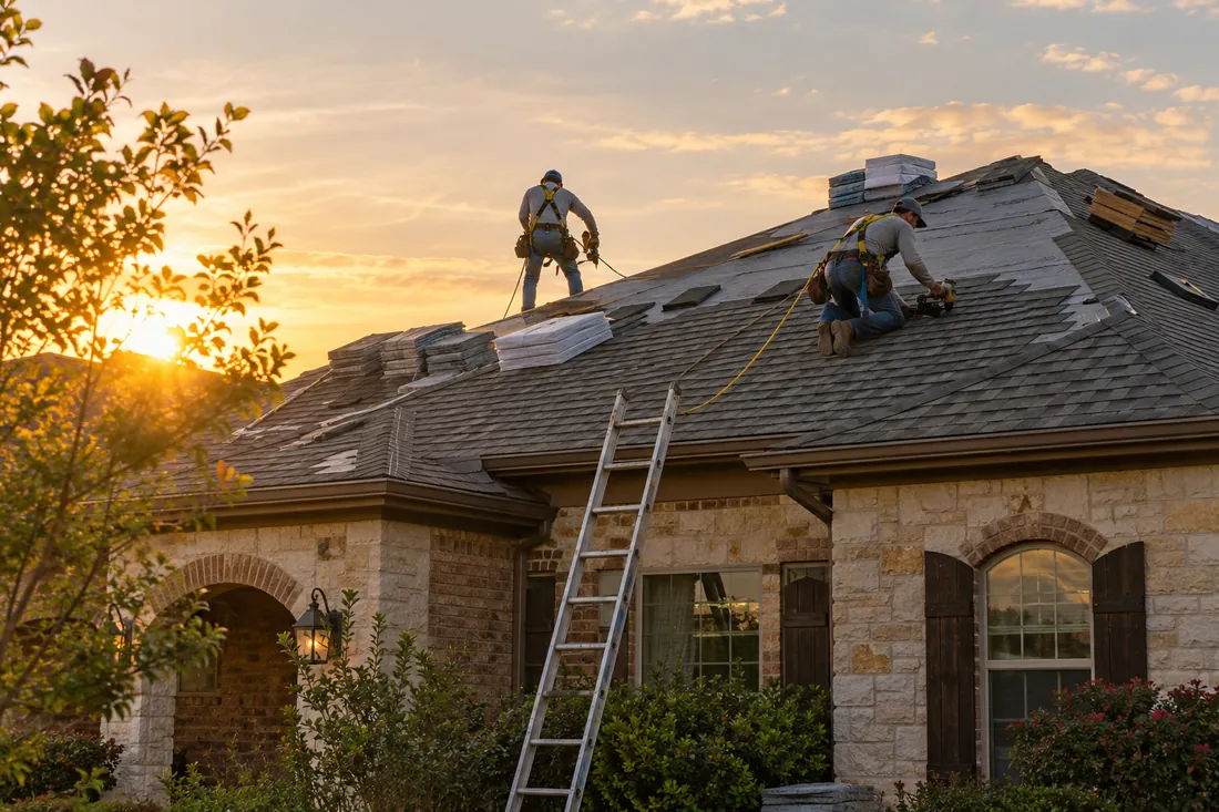 Roofers laying shingles on a Texas home at golden hour